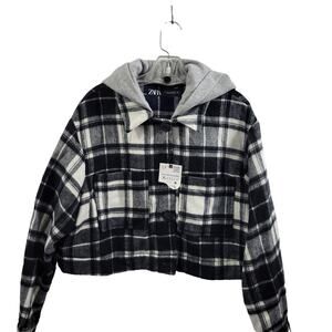Zara Black & White Plaid Crop Jacket with Removable Hood Size XL NWT 41824-0763
